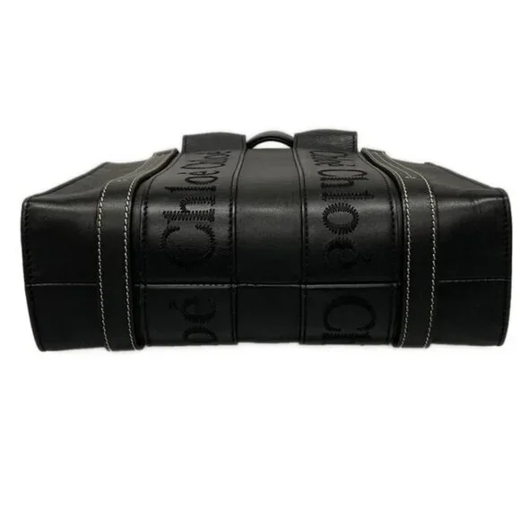 Auth Chloe Woody Small Tote Bag Black Smooth Calfskin - Picture 6 of 10